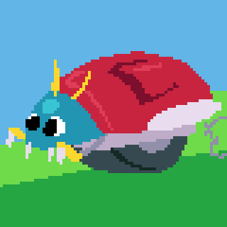Thumbnail for gallery item "ko_spring2025.png". It depicts a pixel art drawing of a robotic ladybug creature.