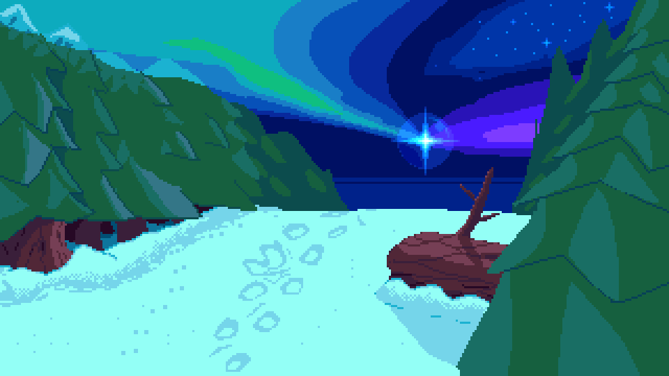 A pixel art piece depicting a snowy landscape at night with a star in the sky.