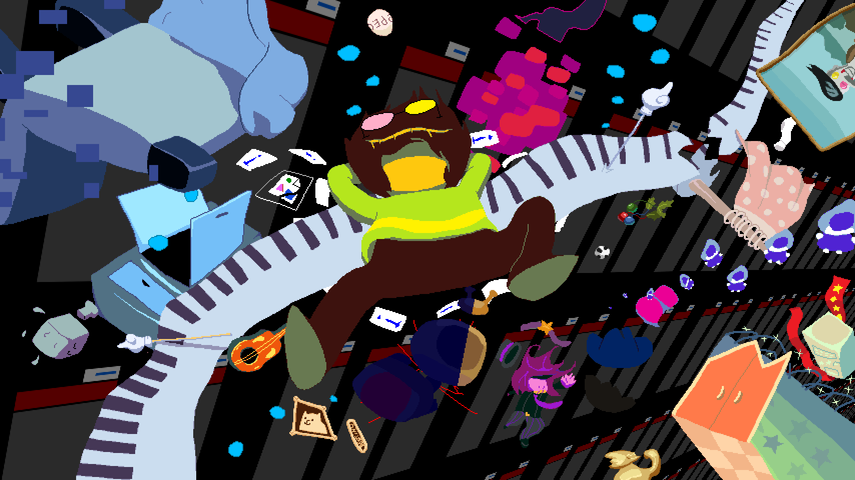 A mural-like pixel art piece depicting several characters from Deltarune and references to the Spamton Sweepstakes event.