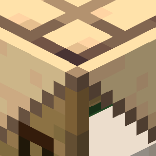 A cropped image of a low-spec 3D model of a crafting table from Minecraft.