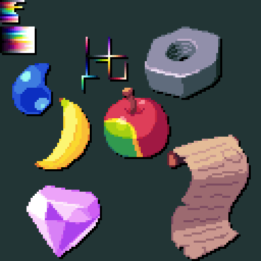An image showcasing various objects rendered using the 96 colour palette.