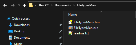 Screenshot of a folder named "FileTypesMan" in the Documents folder in File Explorer