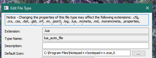 Screenshot of FileTypesMan showing a warning about potential side effects of changing information about the .lua file type