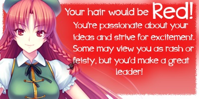 Screenshot of the author's results from a "What anime hair color best suits your personality" quiz. The result is red hair, with the following description: You're passionate about your ideas and strive for excitement. Some may view you as rash or fiesty, but you'd make a great leader!